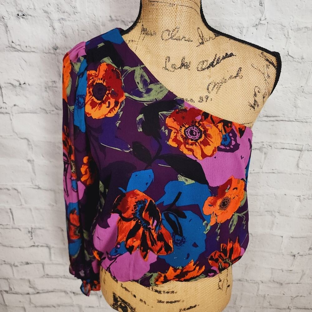 Lush one shoulder top Sz L floral elastic waist purple ACL